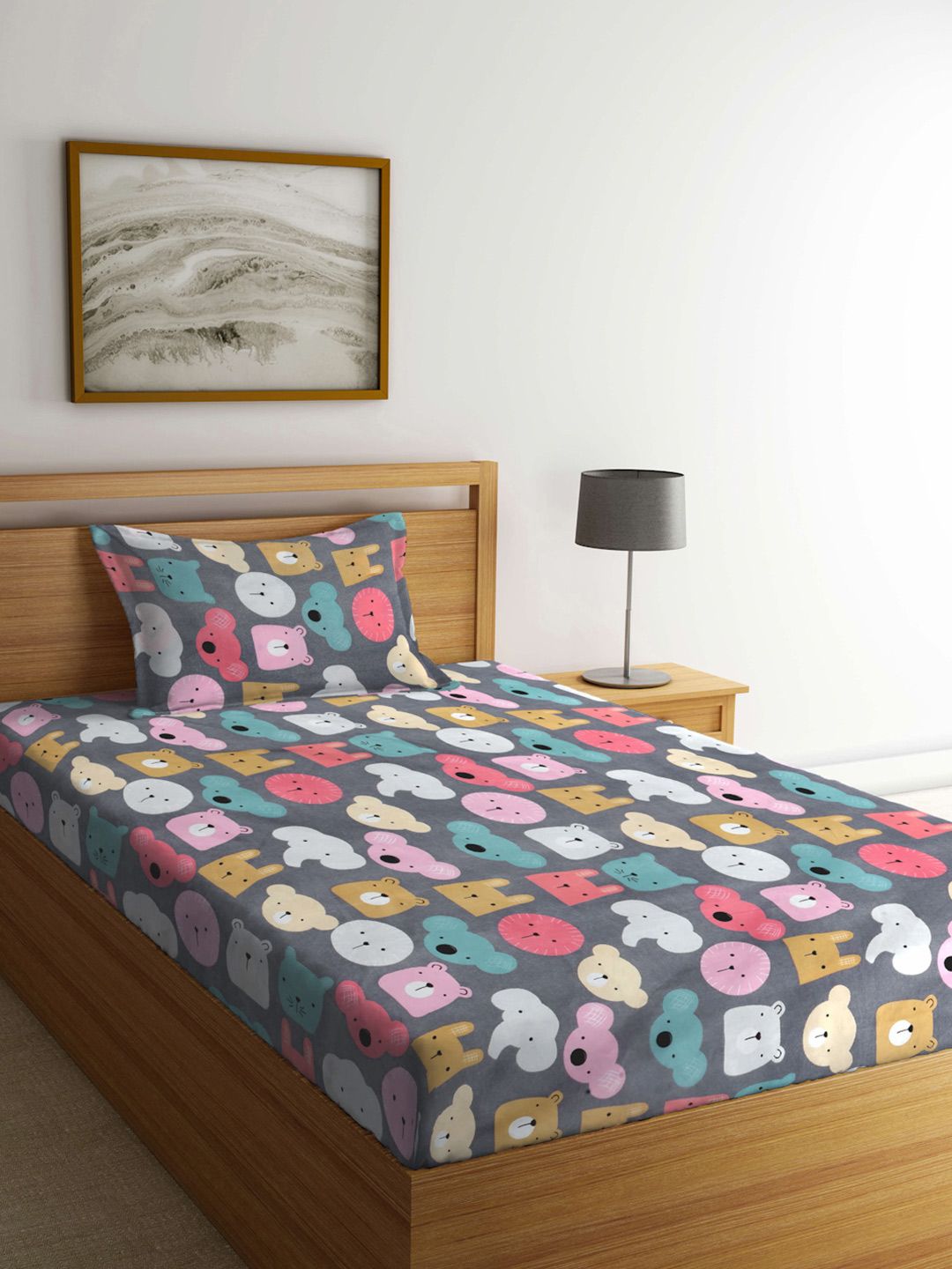 KLOTTHE Grey & Pink Printed 300 TC Dilengkapi Cadar Bujang & 1 Sarung Bantal