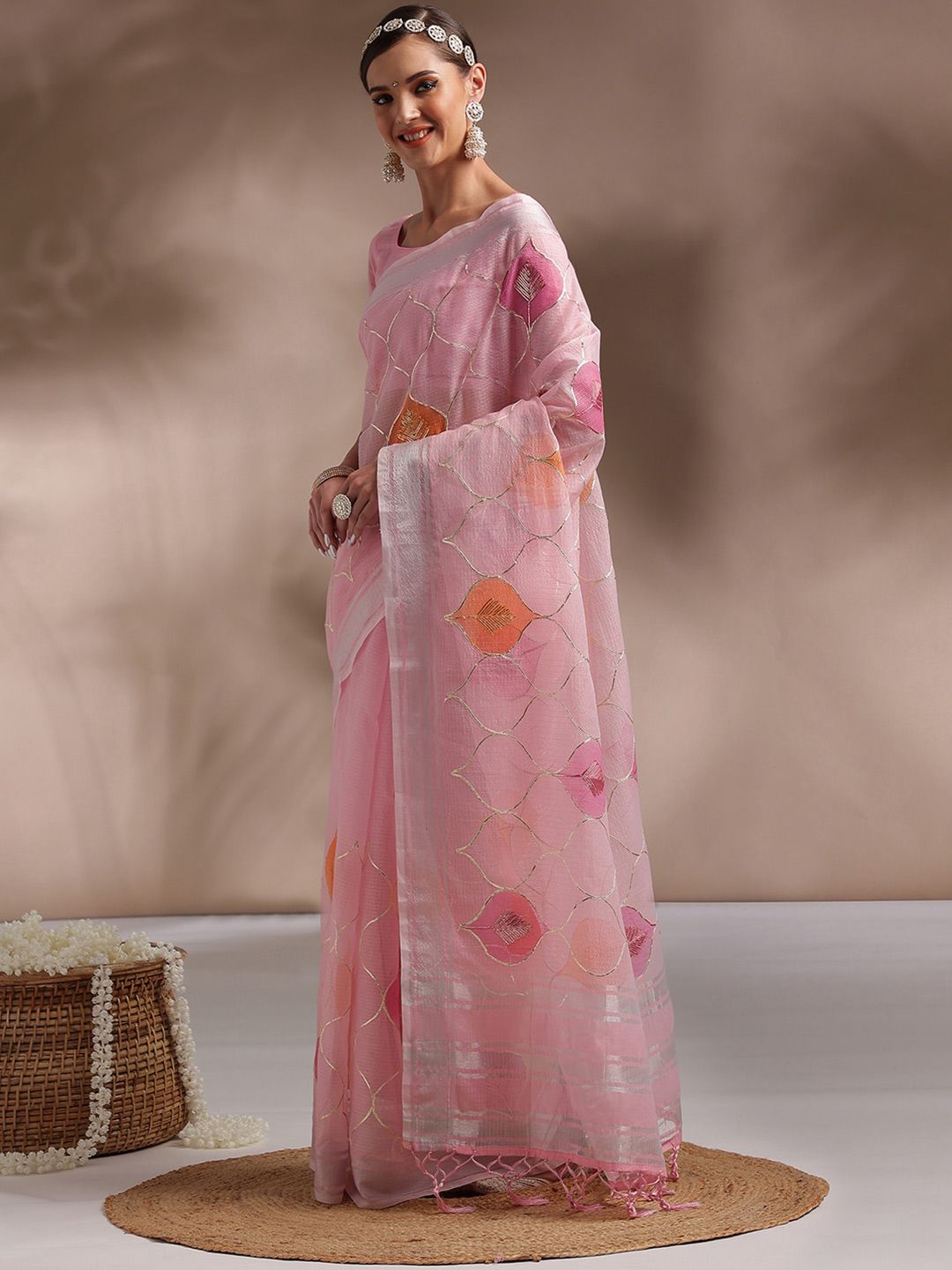 Saree mall Pink & Orange Ethnic Motifs Printed Gotta Patti Saree