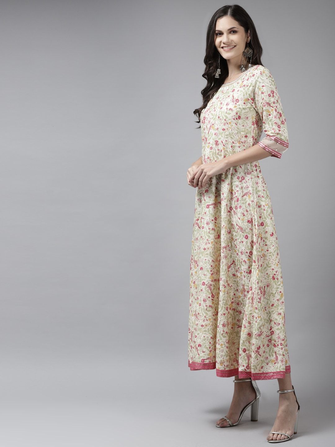 W Beige & Pink Ethnic Motifs Ethnic A-Line Maxi Dress