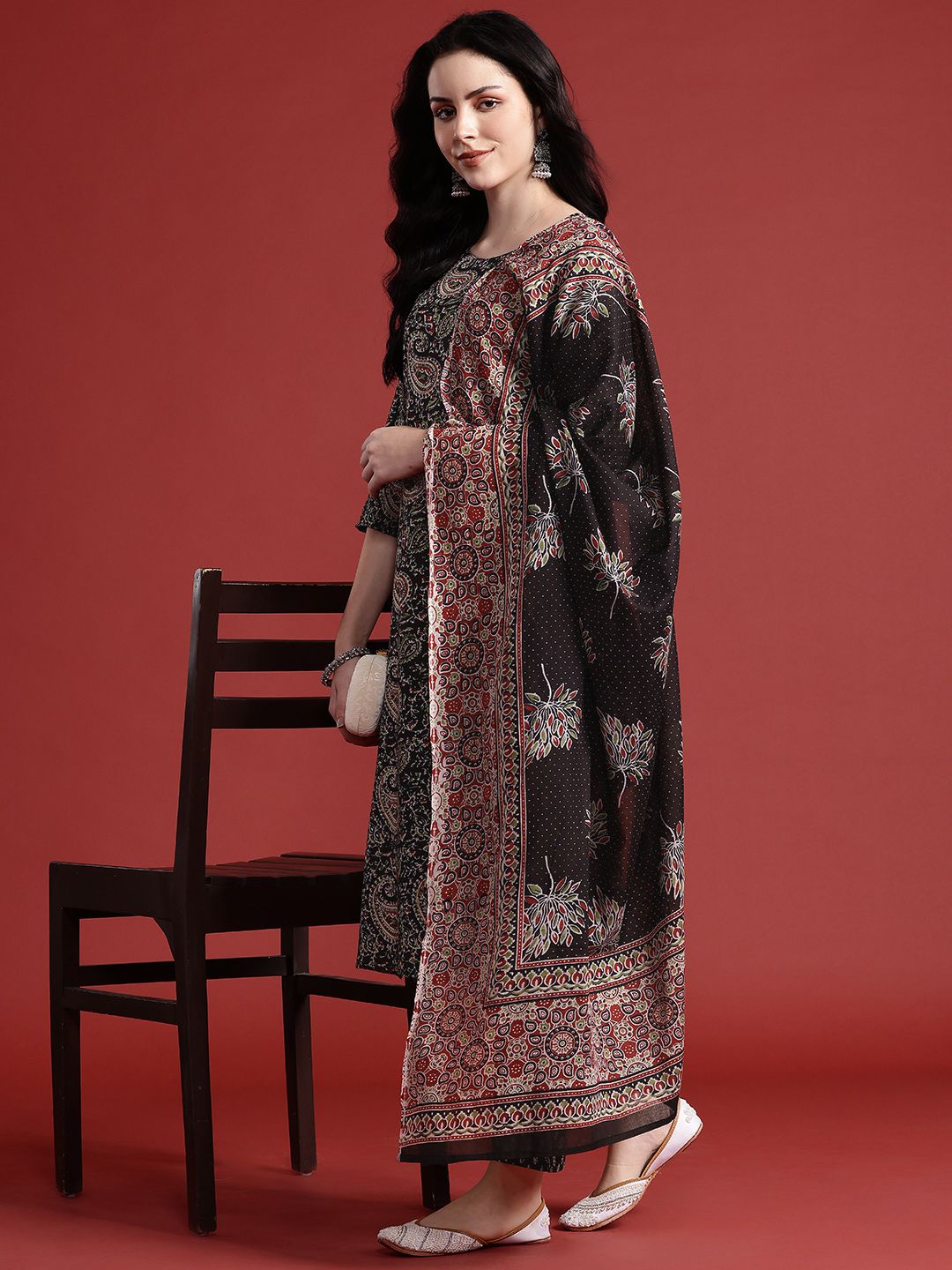 Anouk Paisley Print Pure Cotton Kurta With Trousers & Dupatta