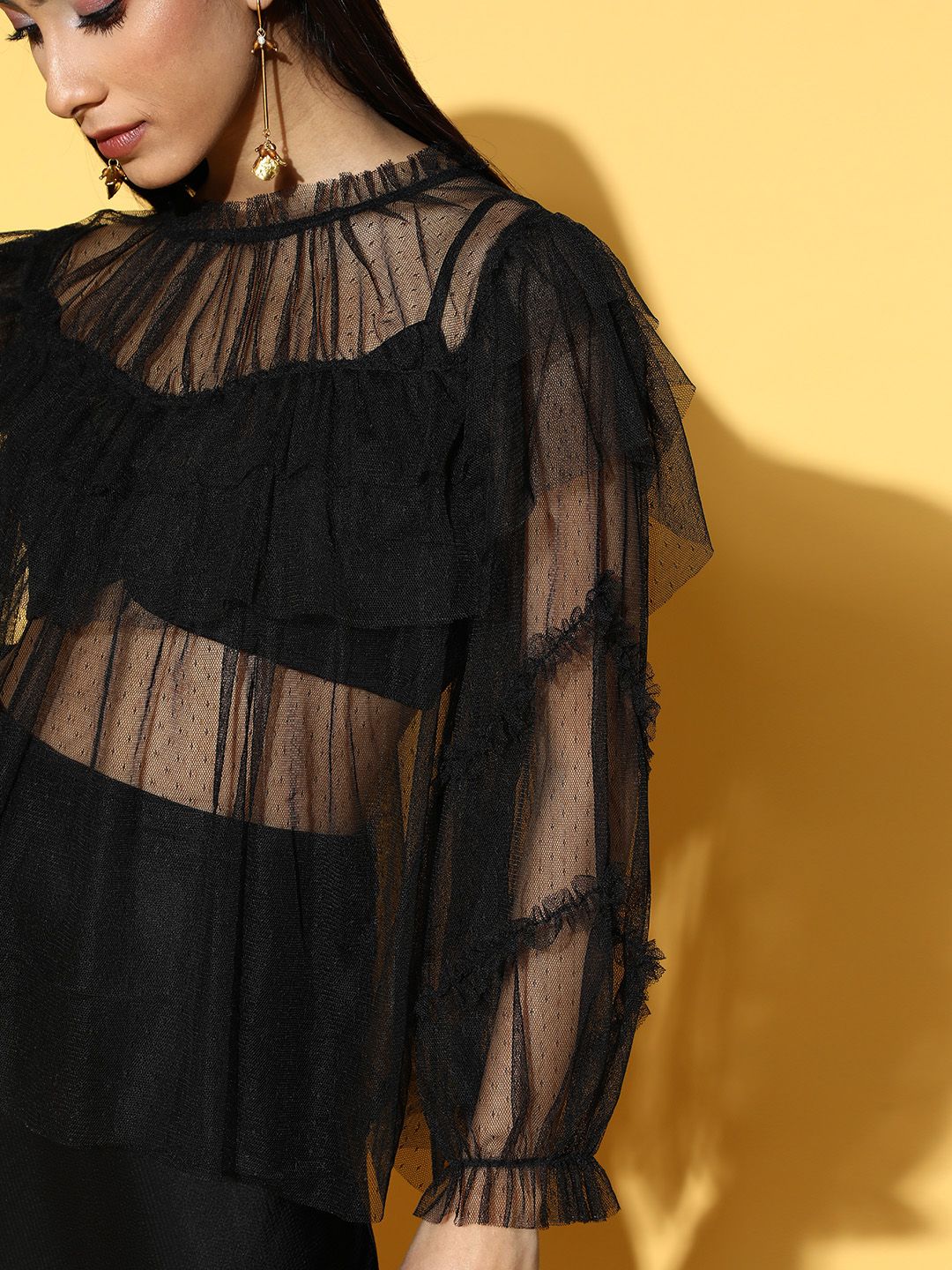 Antheaa Women Stylish Black Solid Sheer Top