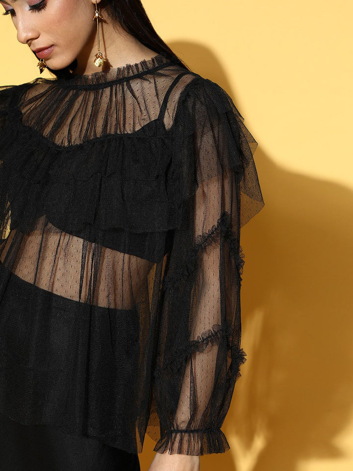 Antheaa Women Stylish Black Solid Sheer Top