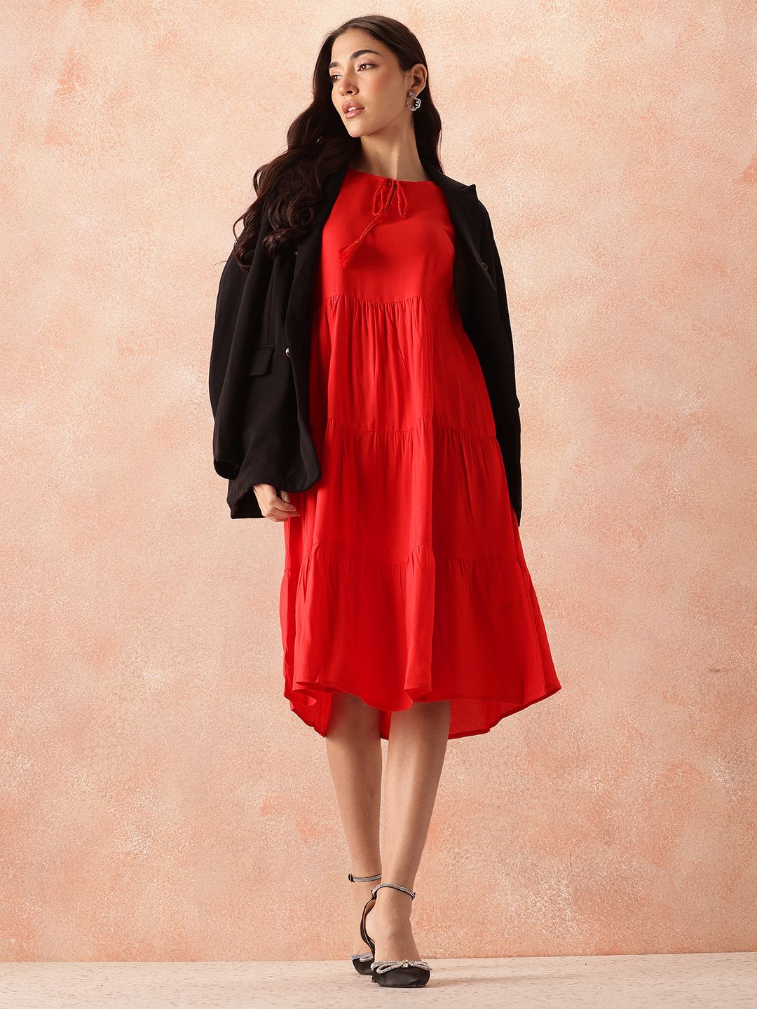 all about you Tie-Up Neck A-Line Tiered Midi Dress