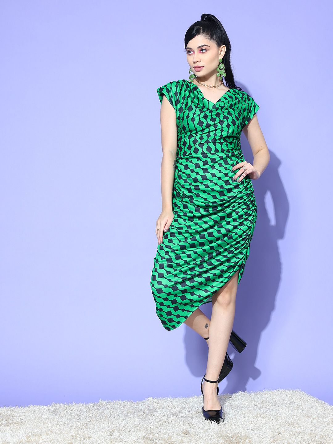 Antheaa Printed Cowl Neck Sheath Midi Dress