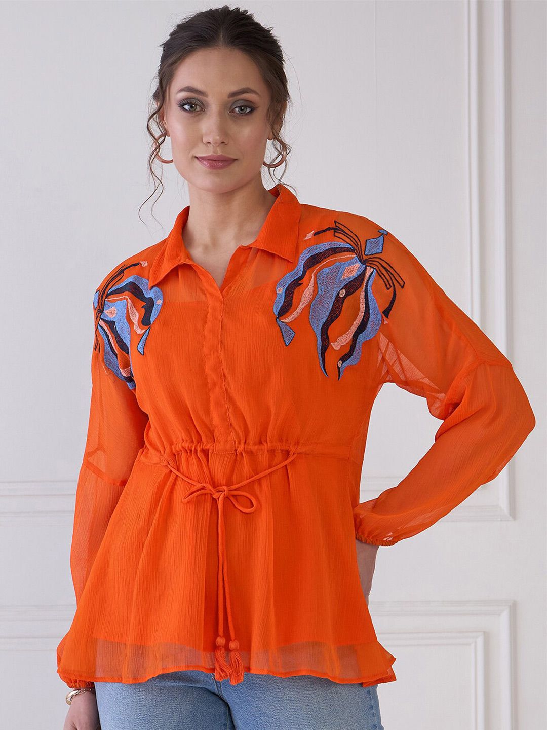 Antheaa Embroidered Floral Shirt Collar Extended Sleeves Semi Sheer Peplum Top