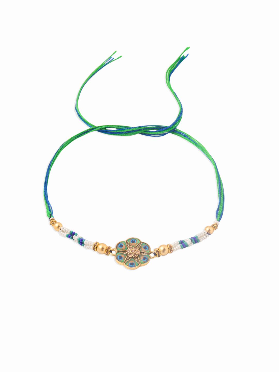 NVR Unisex Peacock  Multicolor Artificial Stones & Pearls Thread Rakhi With Roli Chawal