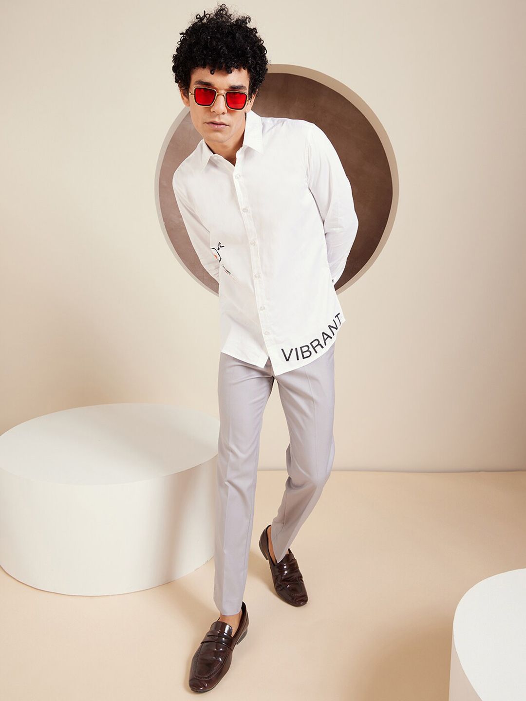 DENNISON Smart Typography Printed Spread Collar Long Sleeve Cotton Shirt