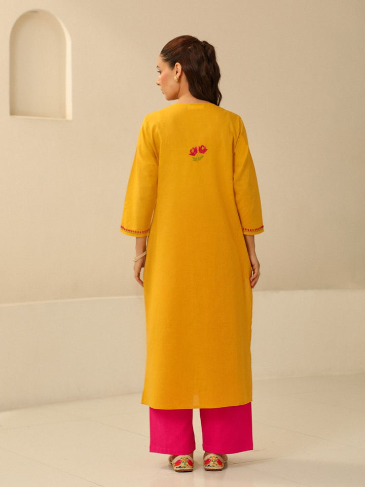 Rumah Chikankari Wanita Mustard Kuning Kapas Chikankari Sulam Kurta
