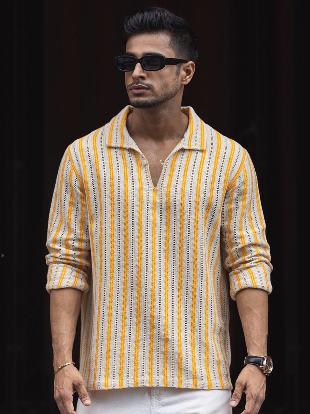 Powerlook Men Spread Collar Vertical Striped Casual Shirt