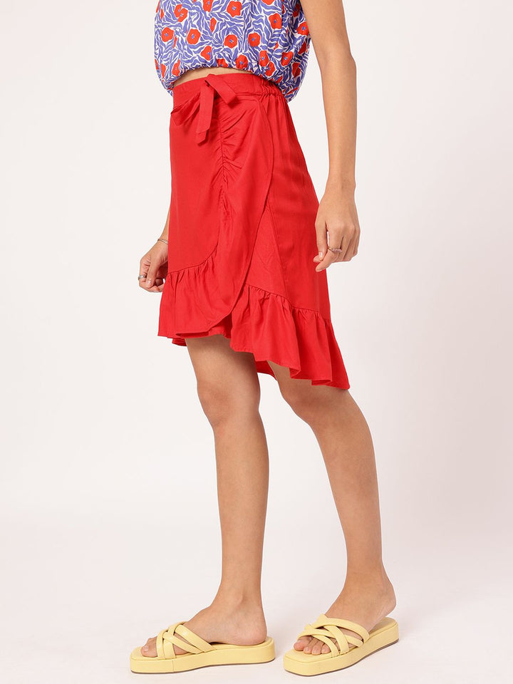 DressBerry Bold Blood-Red Asymmetric Flounce Hem Mini Skirt
