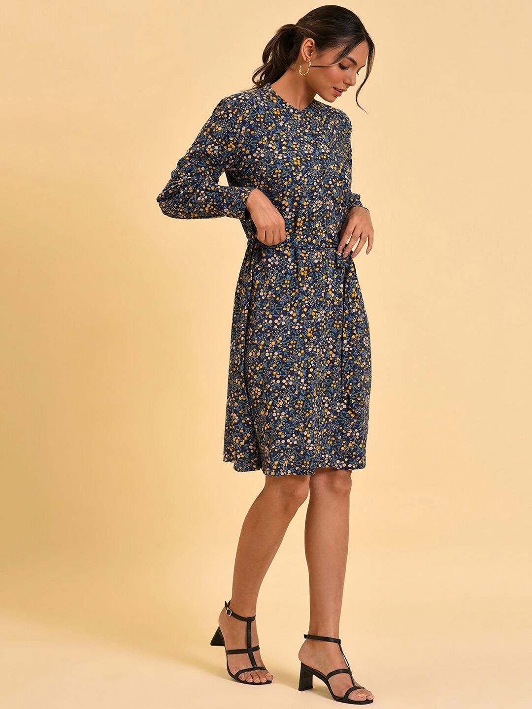 W Blue Floral Printed A-Line Dress With Belt