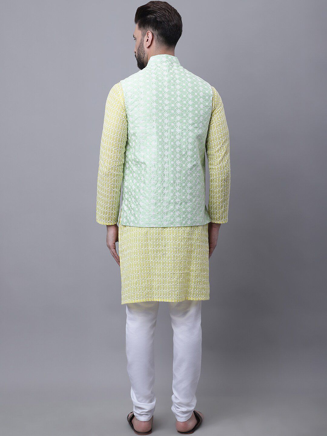 SOJANYA Kurta Kapas Tulen Sulaman Bunga Dengan Jaket Churidar & Nehru