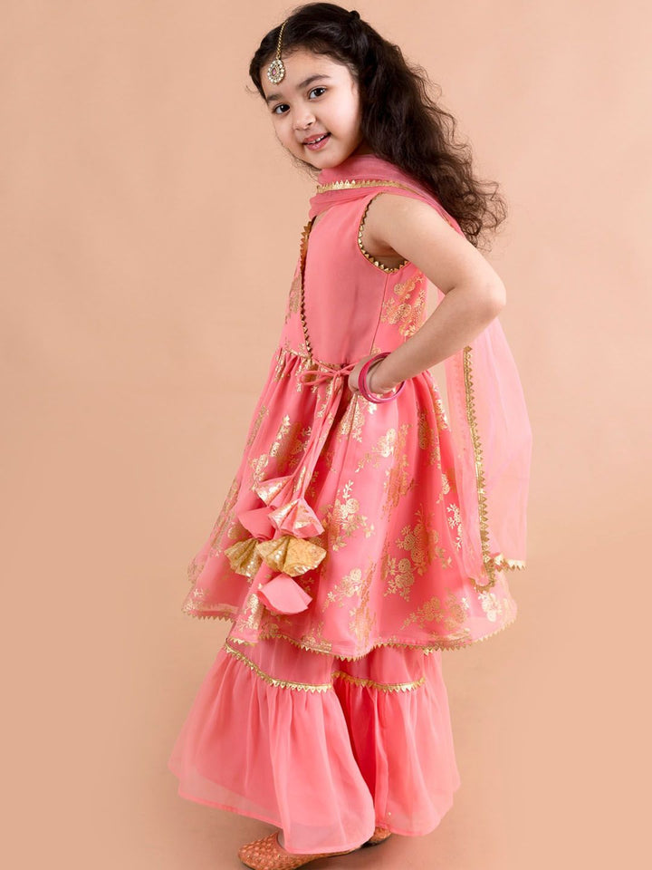 pspeaches Girls Floral Printed Angrakha Gotta Patti Kurta with Sharara & Dupatta