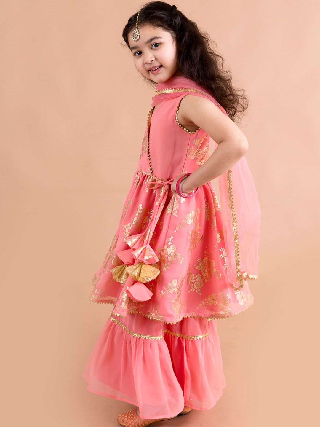 pspeaches Girls Floral Printed Angrakha Gotta Patti Kurta with Sharara & Dupatta