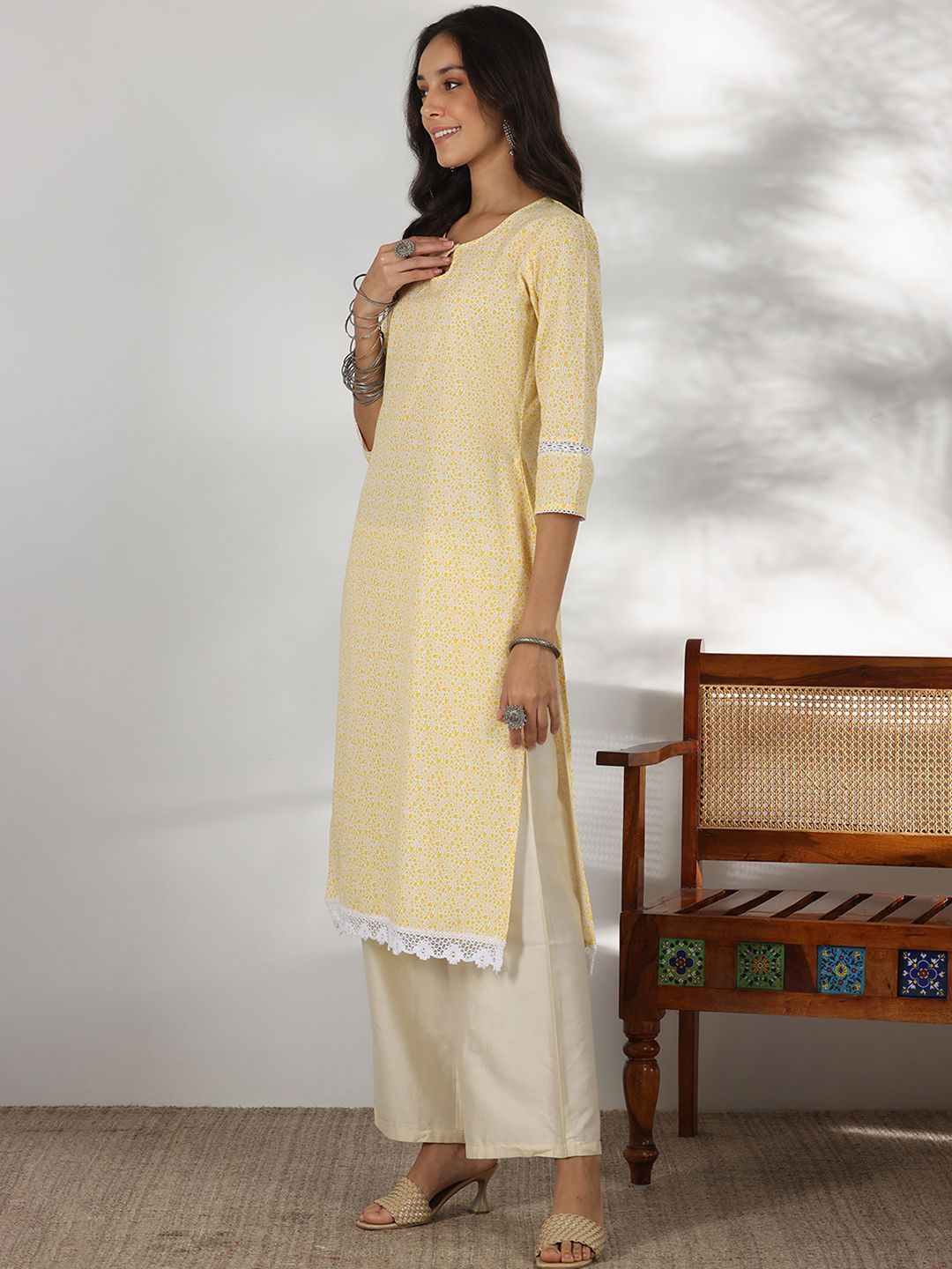 Libas Floral Printed Keyhole Neck Cotton Straight Kurta