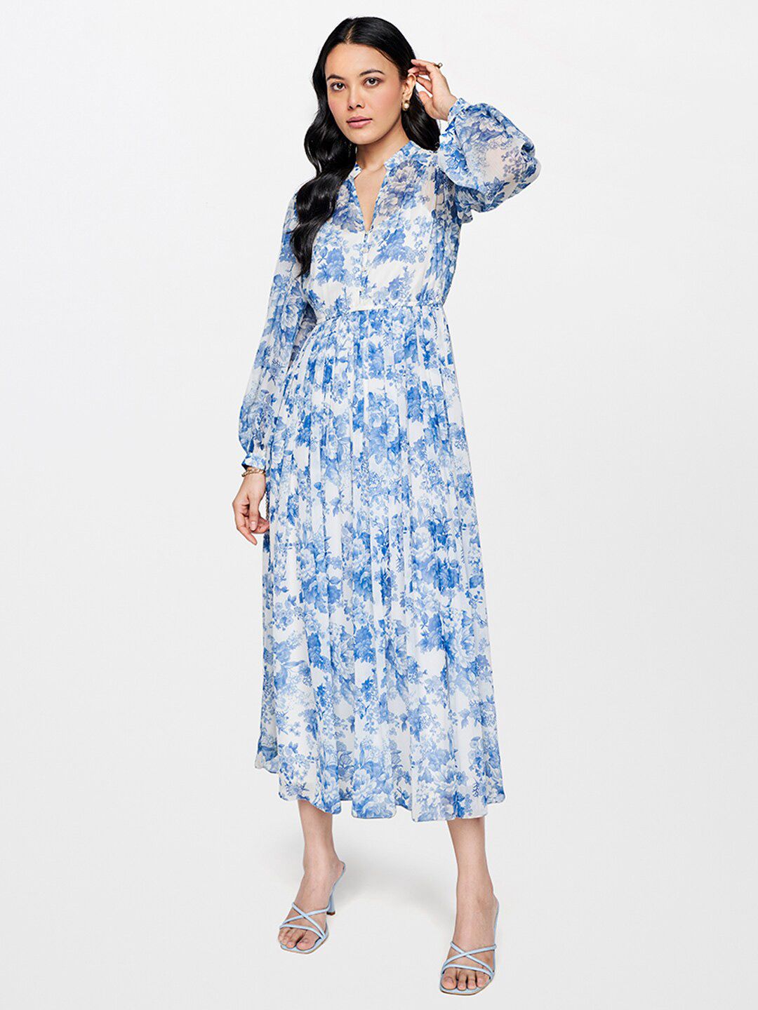 AND Floral Printed Mandarin Collar Puff Sleeve Gathered A-Line Maxi Dress