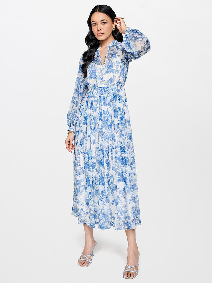 AND Floral Printed Mandarin Collar Puff Sleeve Gathered A-Line Maxi Dress