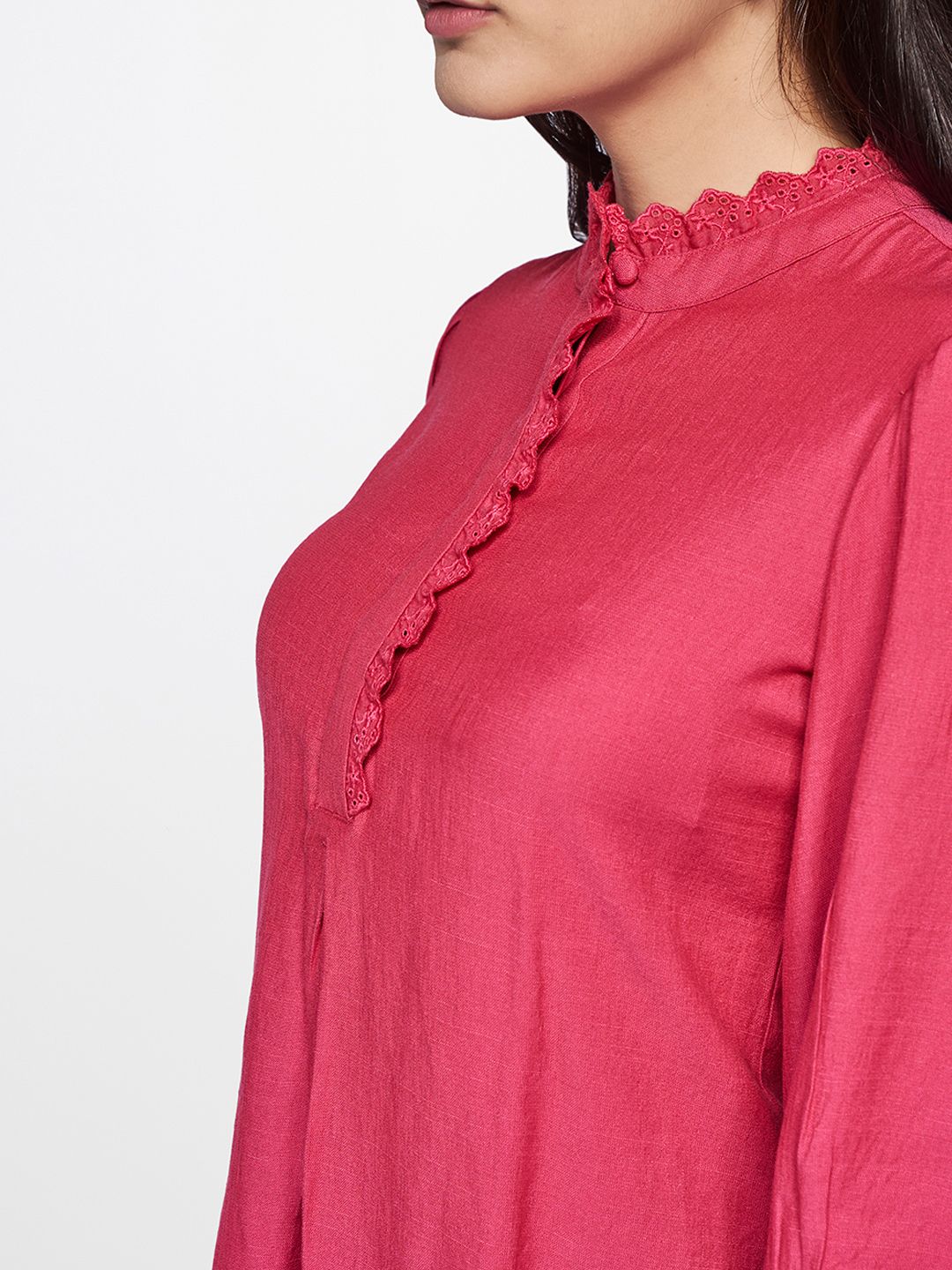 AND Coral Pink Solid High Neck Regular Top