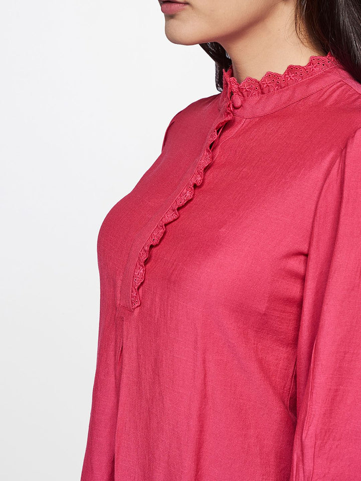 AND Coral Pink Solid High Neck Regular Top