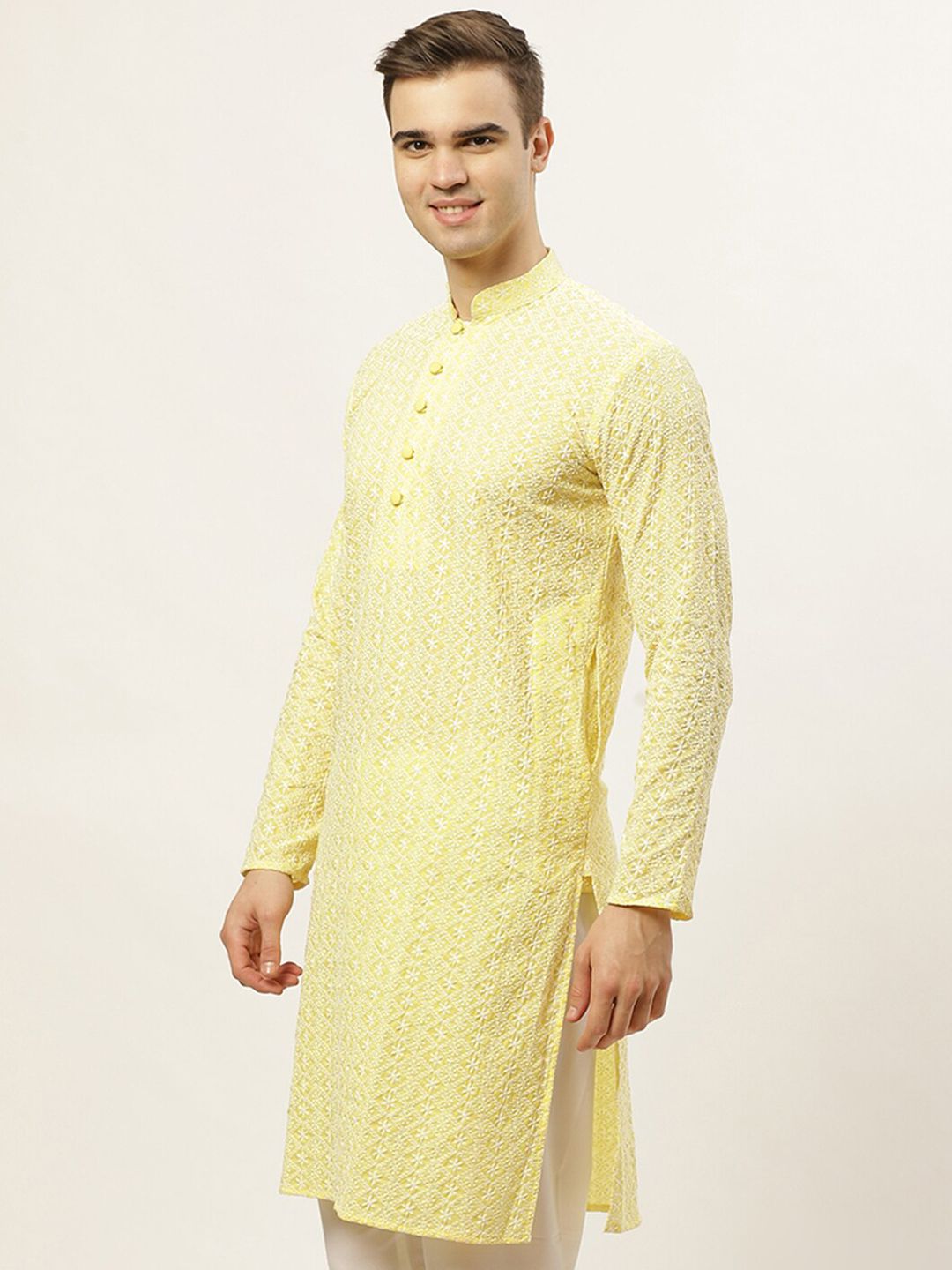 Jompers Men Yellow Thread Work Embroidered Chikankari Kurta