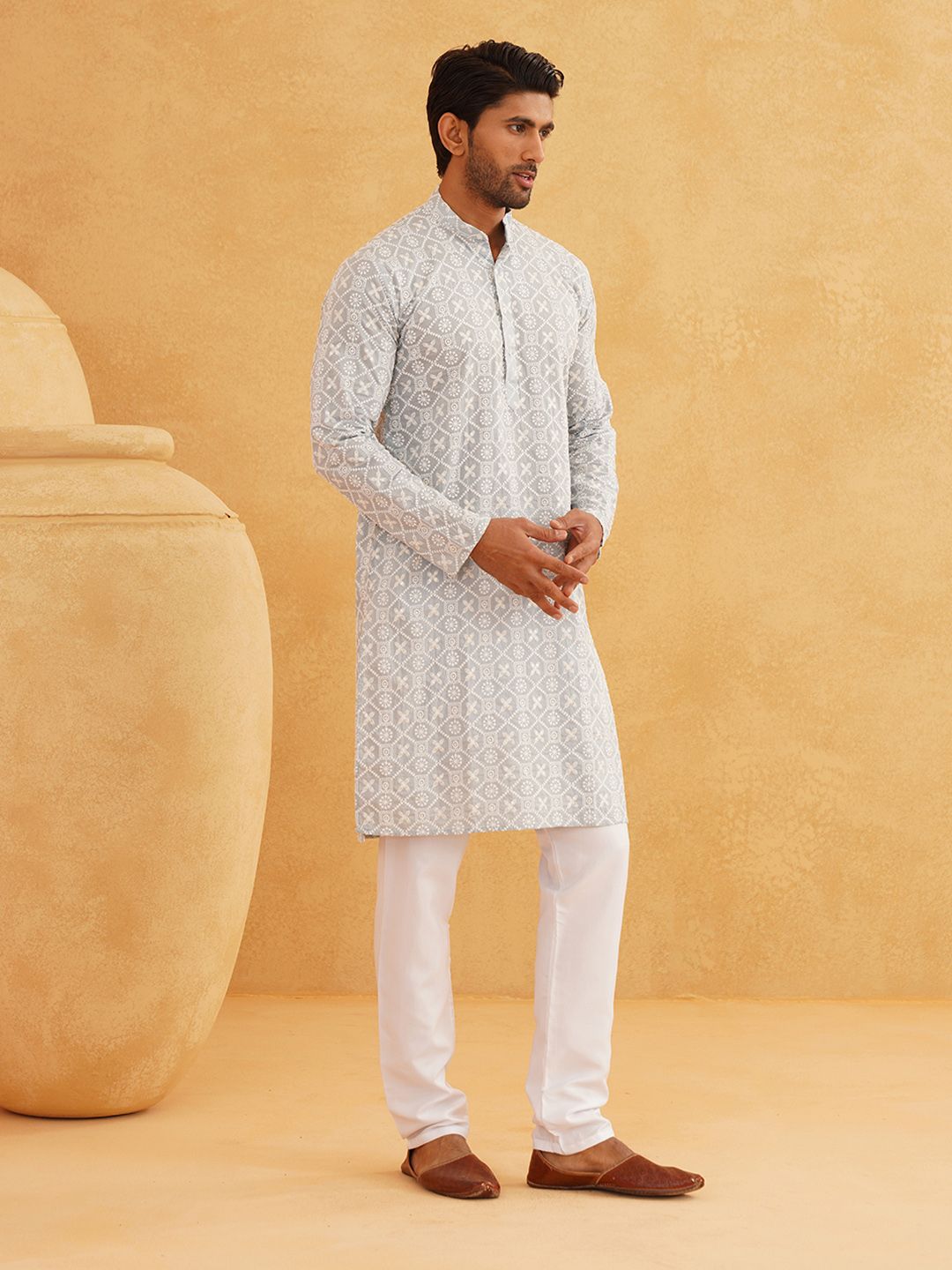SOJANYA Floral Embroidered Band Collar Thread Work Pure Cotton Kurta with Churidar