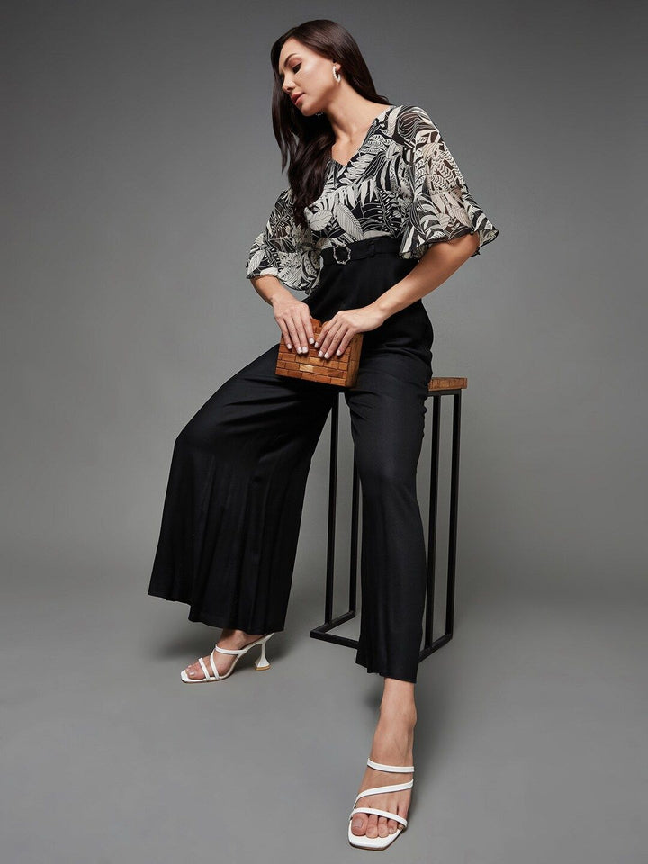 Miss Chase Black White Printed V-Neck Bell Sleeves Basic Jumpsuit