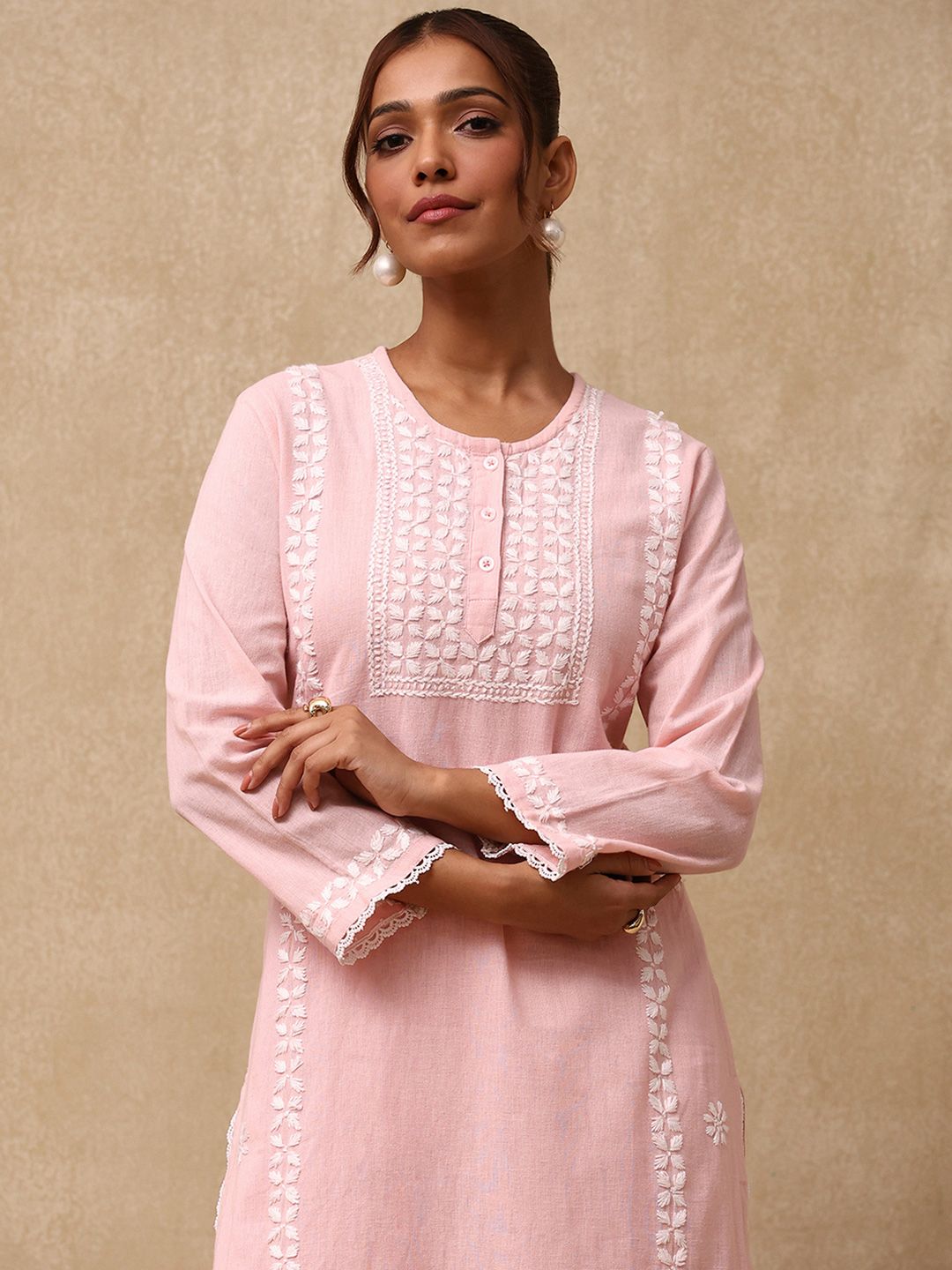 House of Chikankari Women Peach Cotton Chikankari Sulam Set Kurta