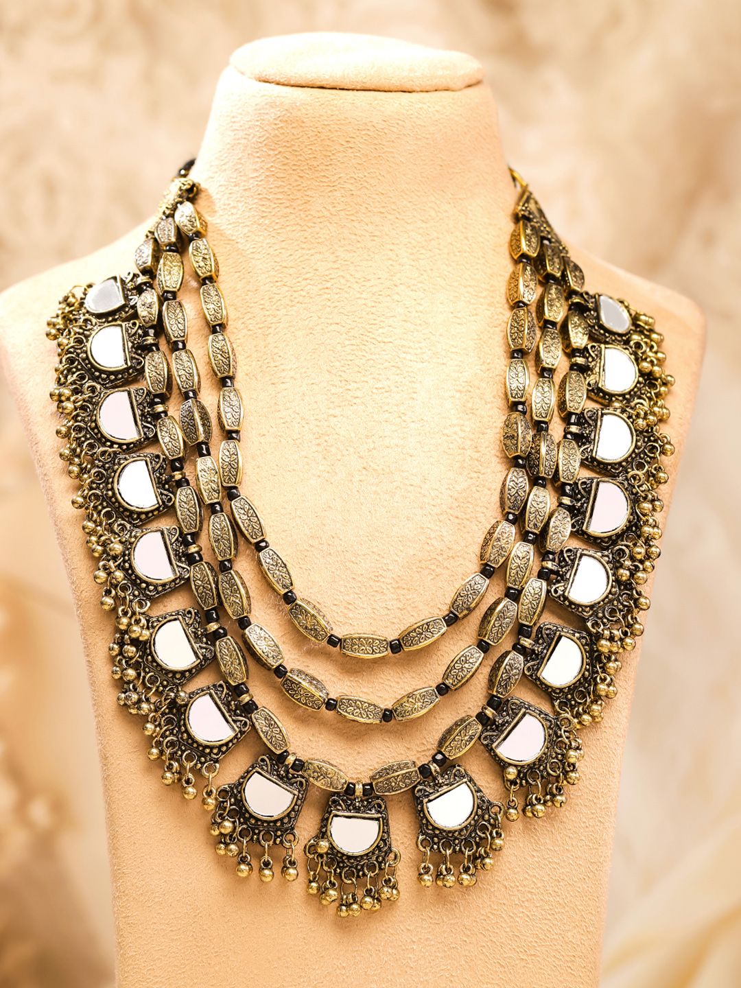 Rubans Dual Tone in Silver and Gold, Mirror Detailing with Gold Beads Multilayer Necklace