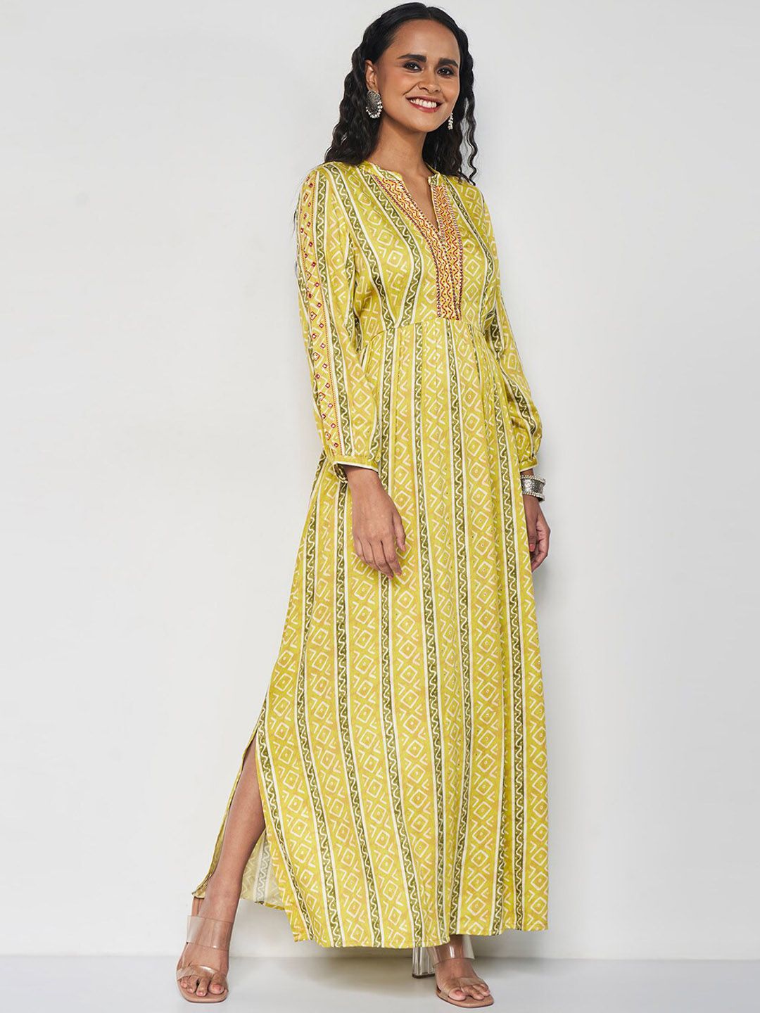 Global Desi Ethnic Motifs Printed Mandarin Collar Cuffed Sleeves Maxi Ethnic Dress