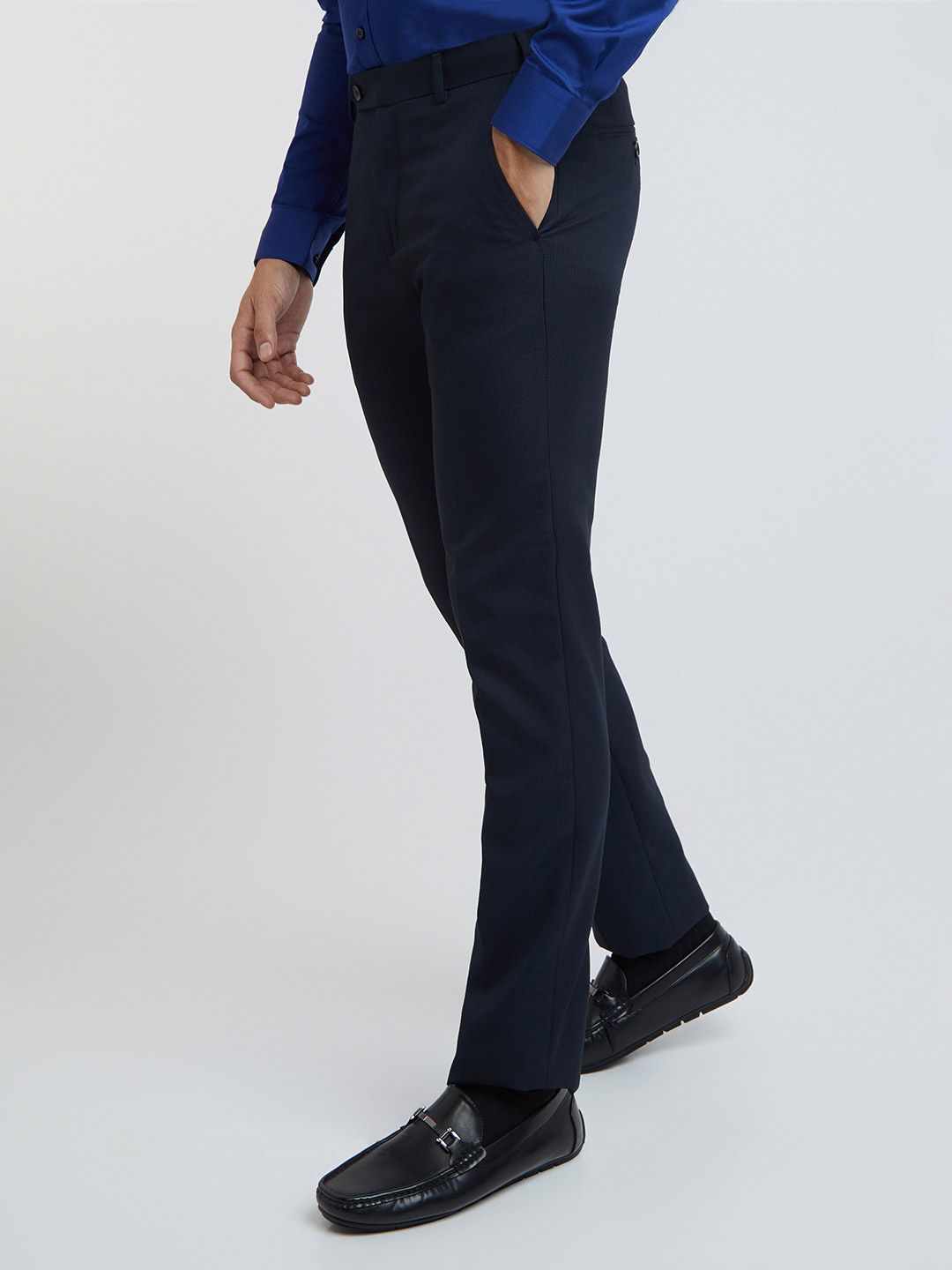 Raymond Men Navy Blue Textured Slim Fit Formal Trousers