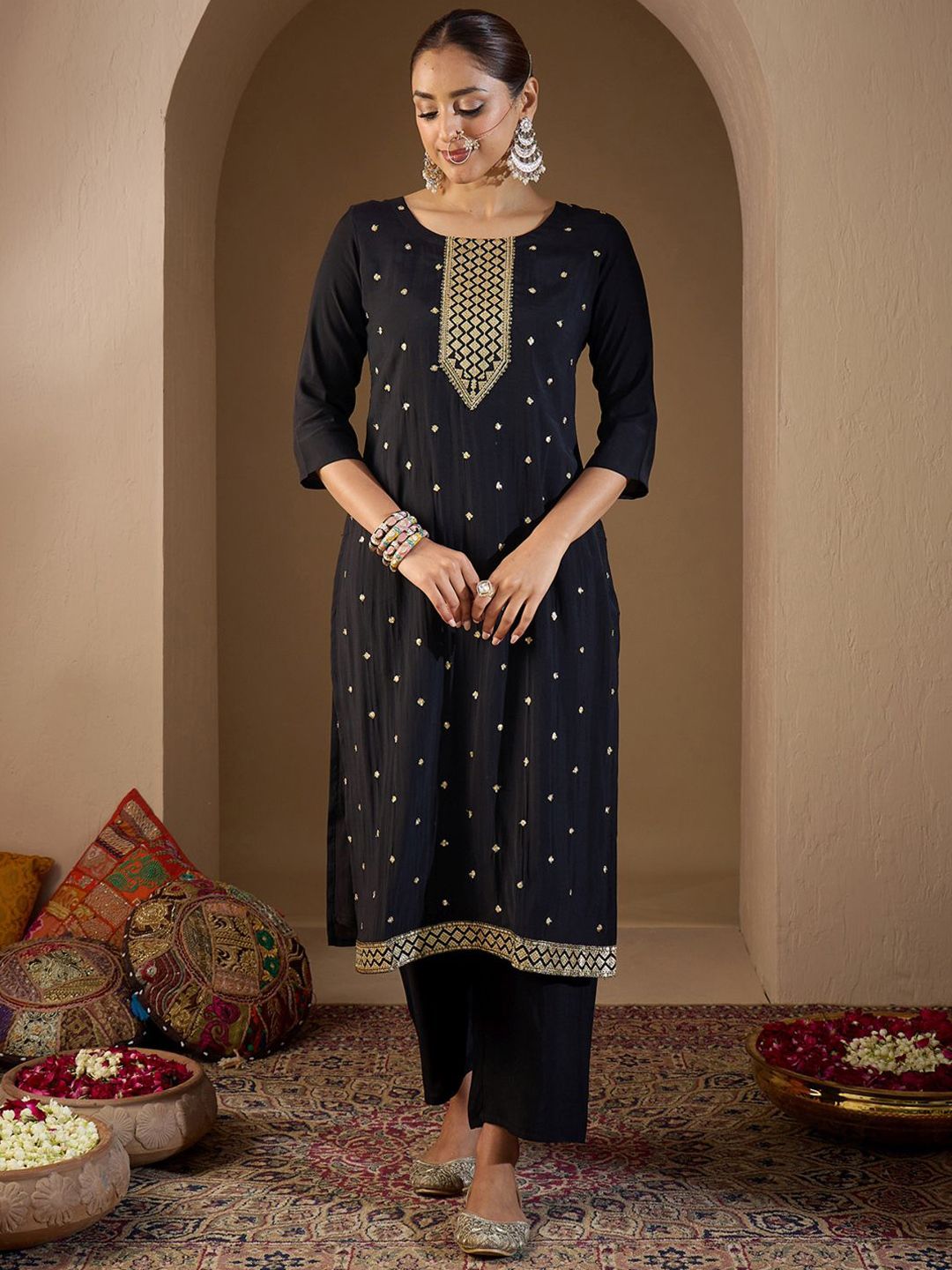 Indo Era Women Ethnic Motifs Embroidered Regular Sequinned Kurta with Trousers & With Dupatta
