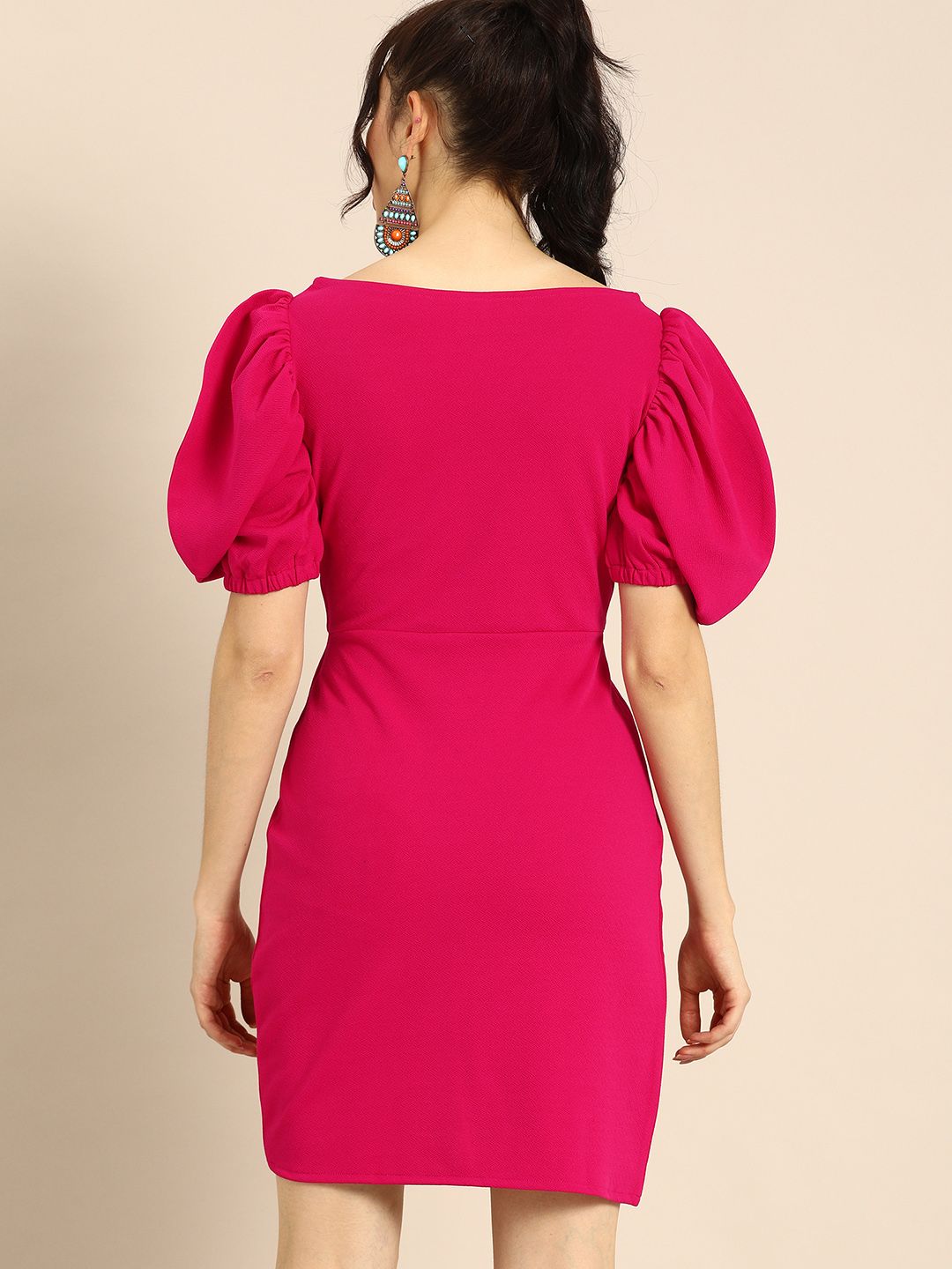 Athena Charming Fuchsia Pink Power Shoulders Tulip Hem Wrap Dress