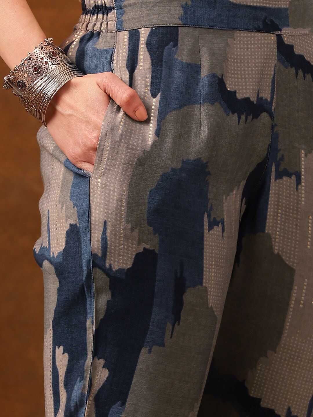 Anouk Grey Abstract Printed Regular Kurta with Trousers