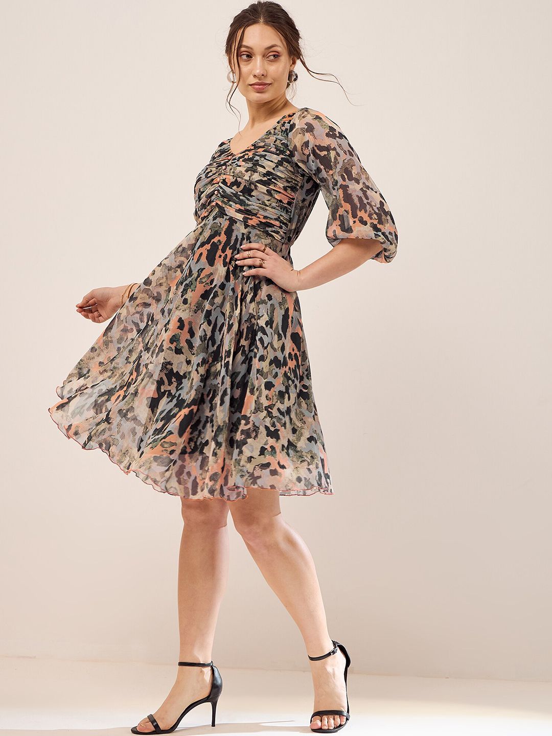 Antheaa Black Abstract Printed Puff Sleeves Gathered Fit & Flare Dress
