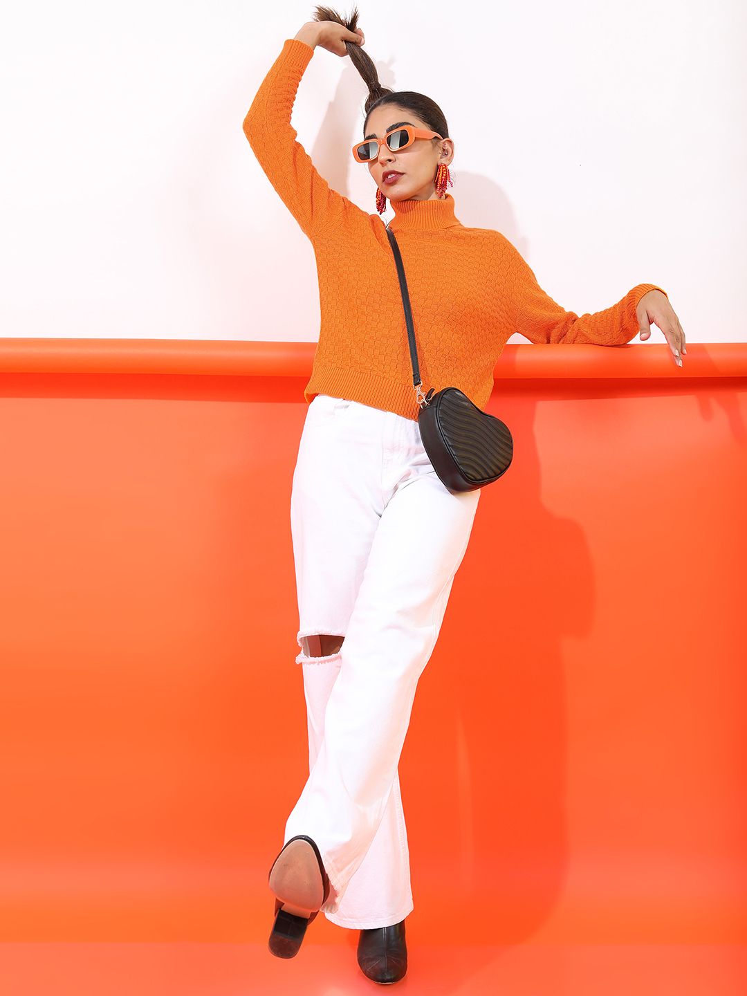 Tokyo Talkies Women Orange Self Design Pullover
