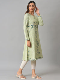 W Women Green Ethnic Motifs Keyhole Neck Woven Design Kurta