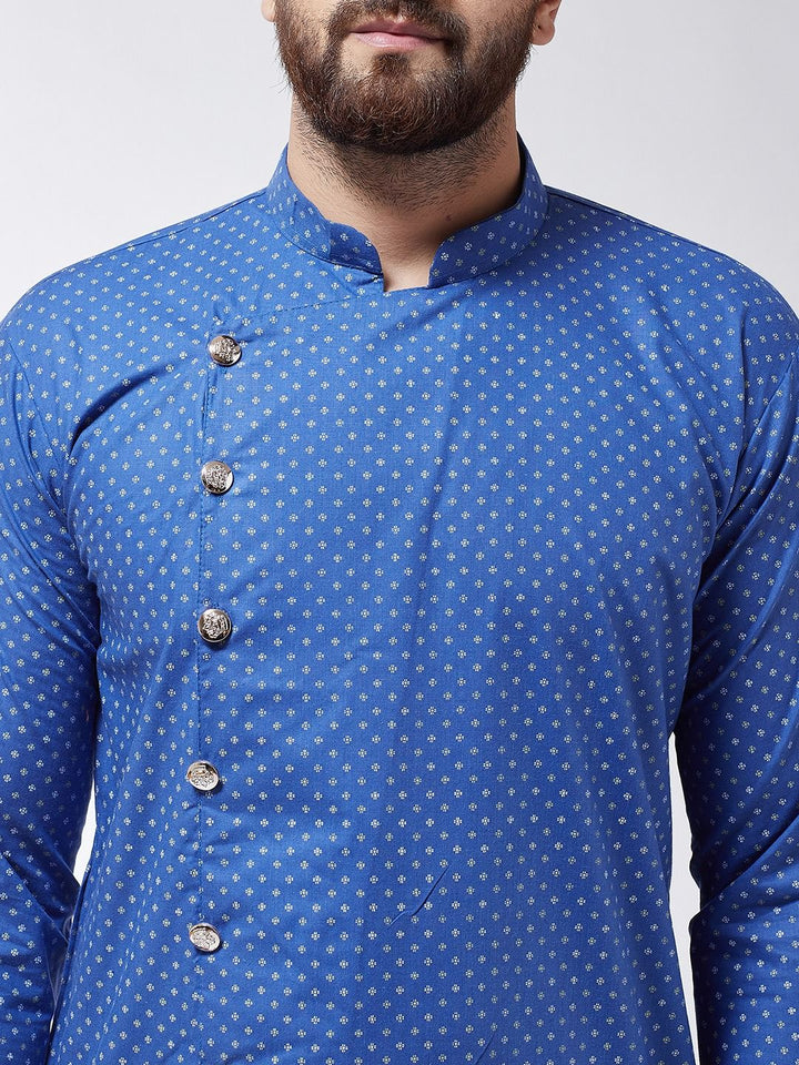 SOJANYA Lelaki Blue Printed Cotton Linen Kurta Lurus