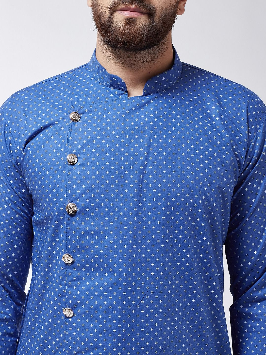 SOJANYA Lelaki Blue Printed Cotton Linen Kurta Lurus