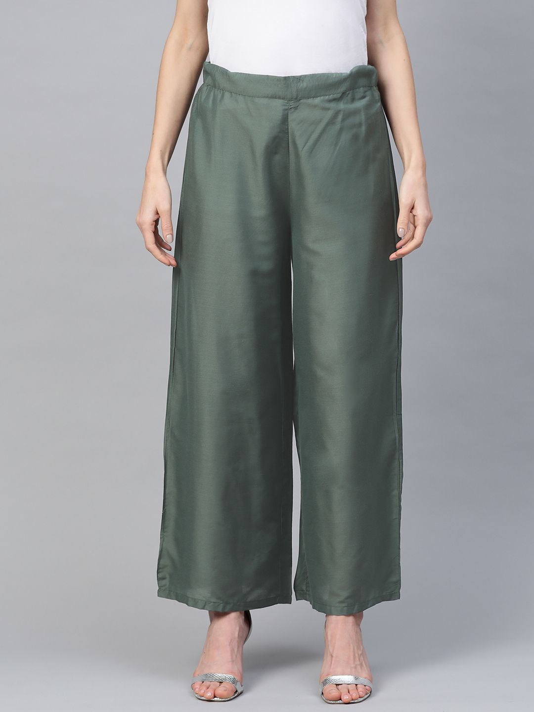 W Women Green Solid Straight Palazzos