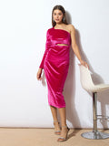 SASSAFRAS Pink One Shoulder Cut-Out Velvet Sheath Midi Dress