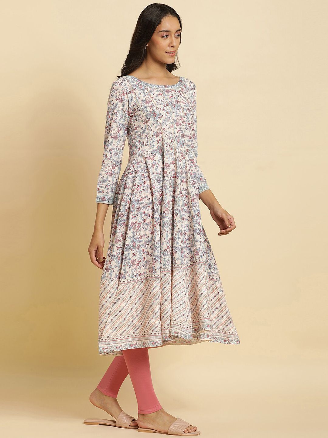 W Cream Floral Printed Gotta Patti Kurta with Churidar & With Dupatta