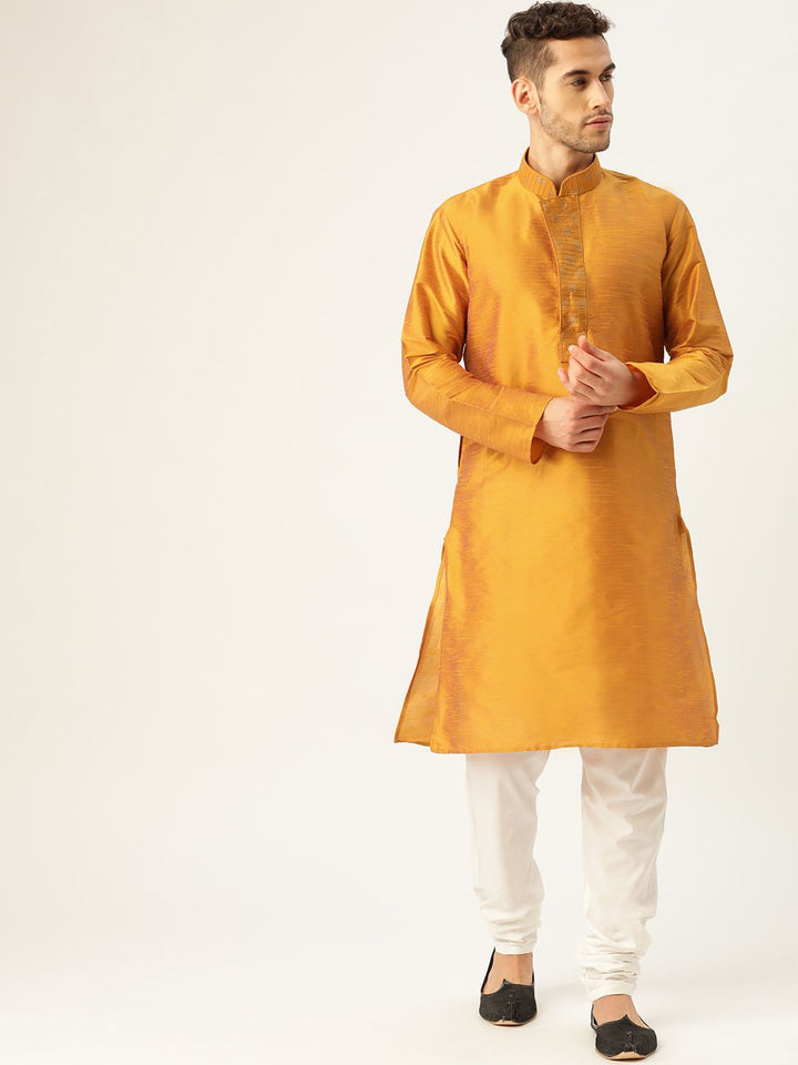 SOJANYA Men Mustard Yellow Solid Straight Kurta With Sheen Effect