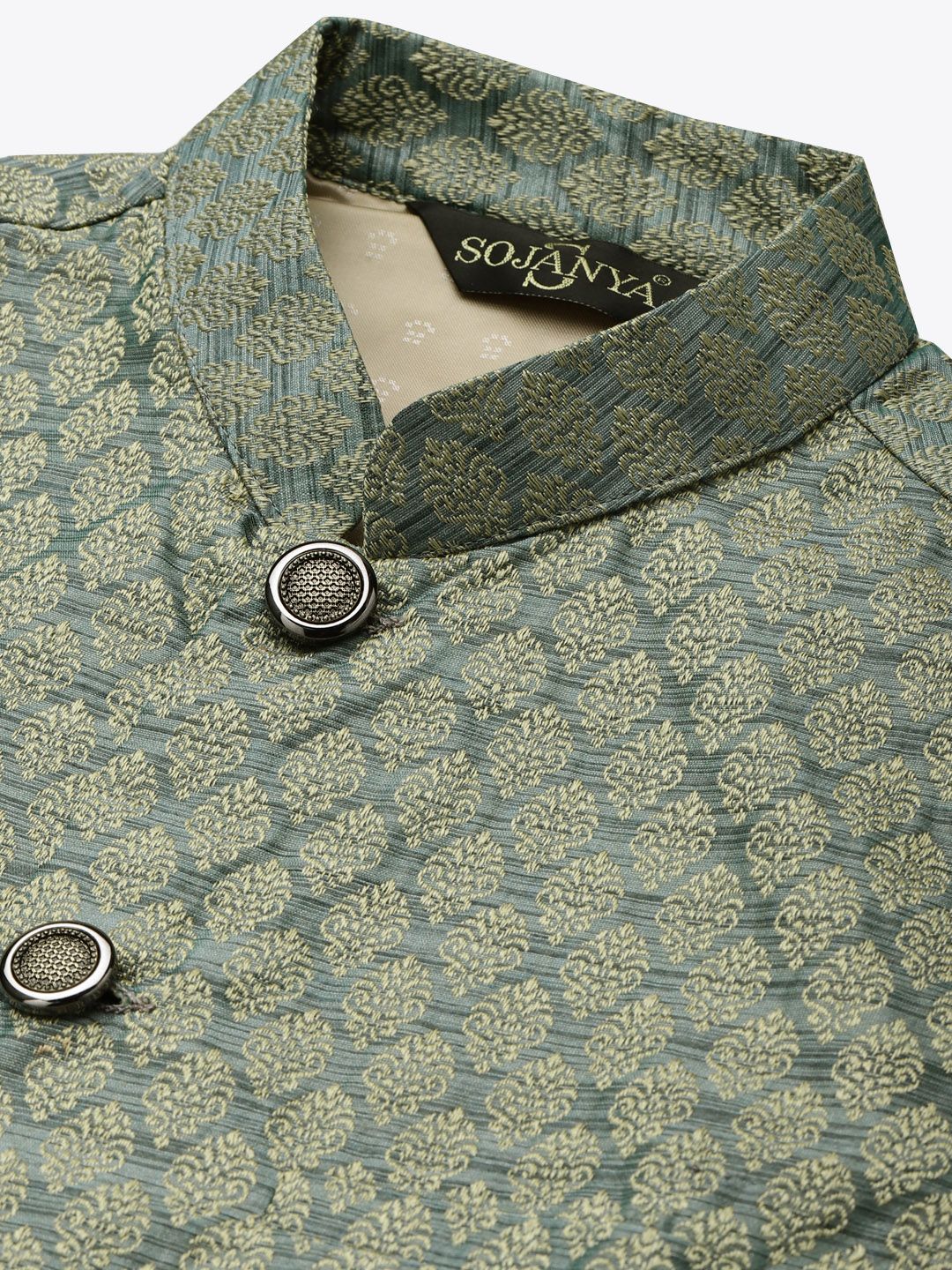 SOJANYA Men Green & Black Ethnic Motifs Jacquard Kurta and Churidar with Nehru Jacket