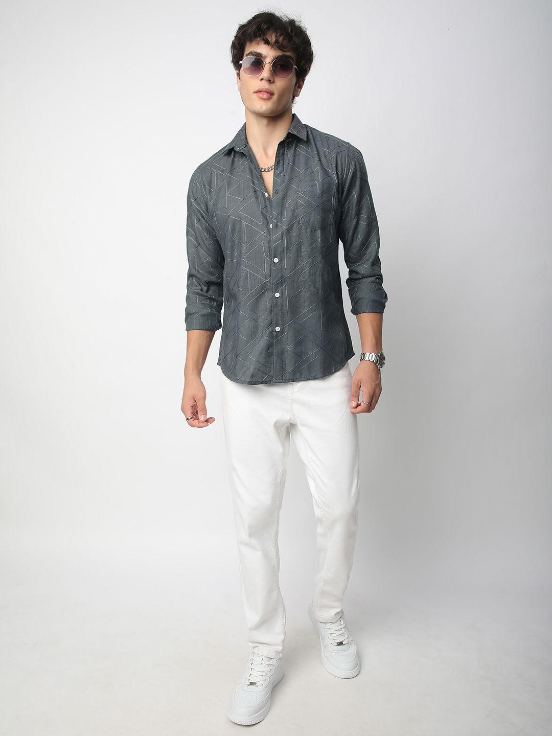 VASTRADO Men Classic Spread Collar Geometric Checked Cotton Slim Fit Casual Shirt