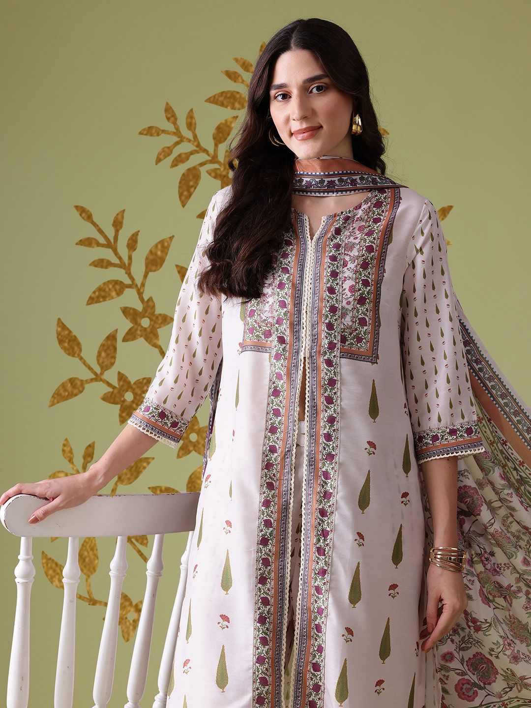 Anouk Floral Printed Pure Cotton Kurta With Trousers & With Dupatta