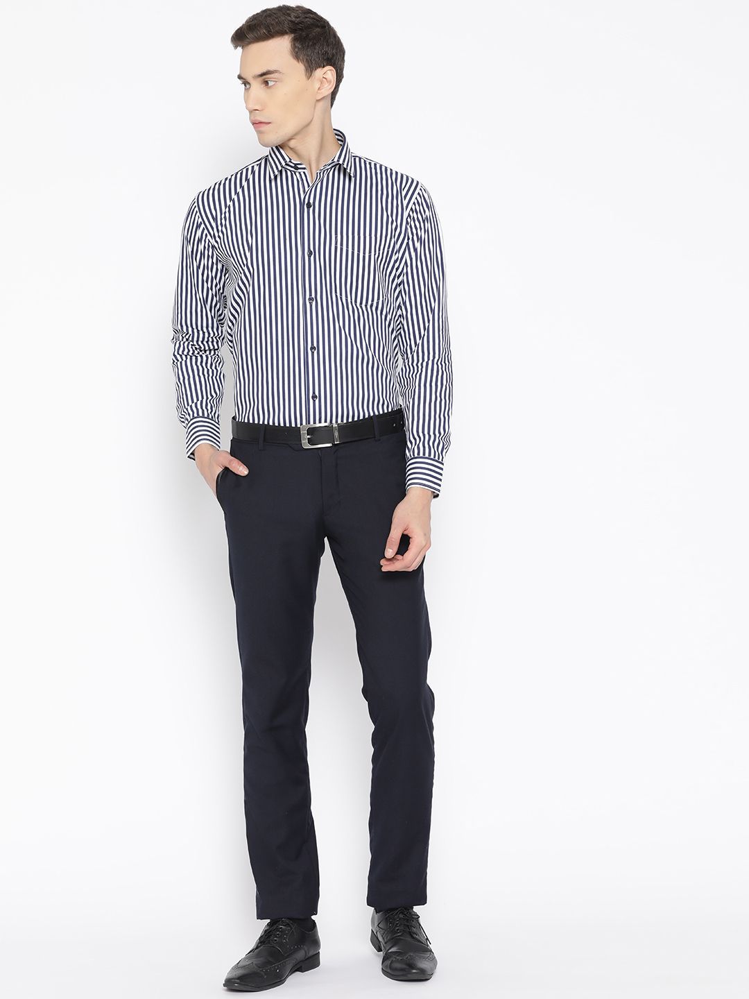 Hancock Men White & Navy Slim Fit Striped Formal Shirt