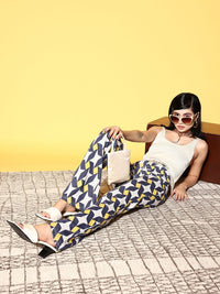 SASSAFRAS Women Navy Blue Geometric Indie Gal Trousers