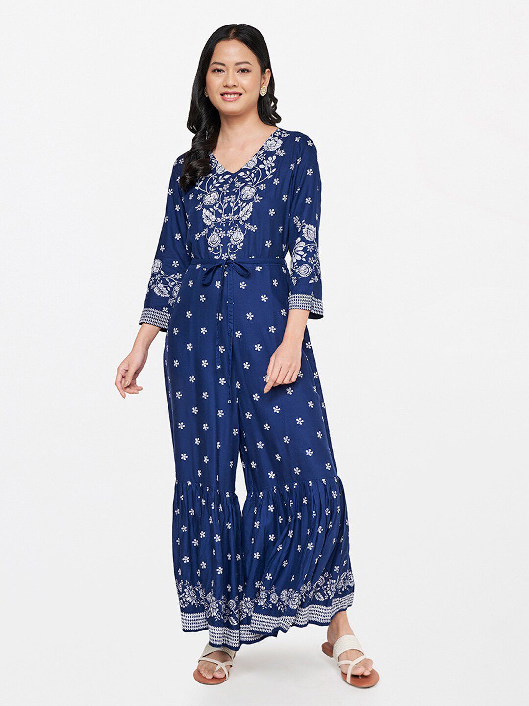 Global Desi Blue & White Printed Basic Jumpsuit
