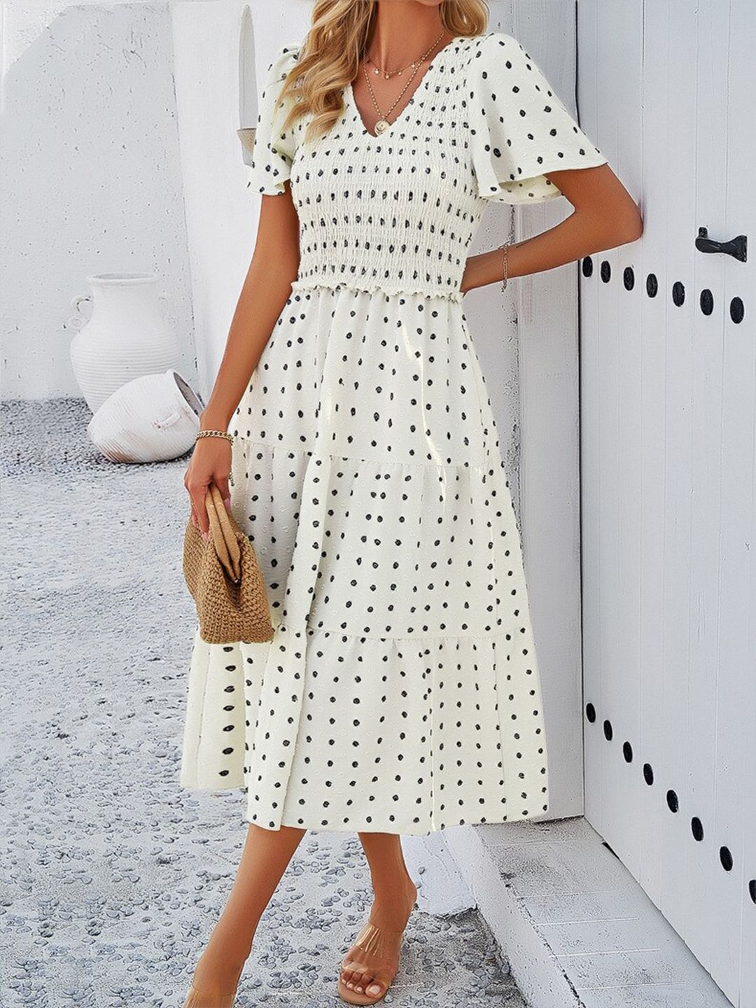 all about you Floral Print V-Neck Flared Sleeves Smocked Tiered Fit & Flare Midi Dress