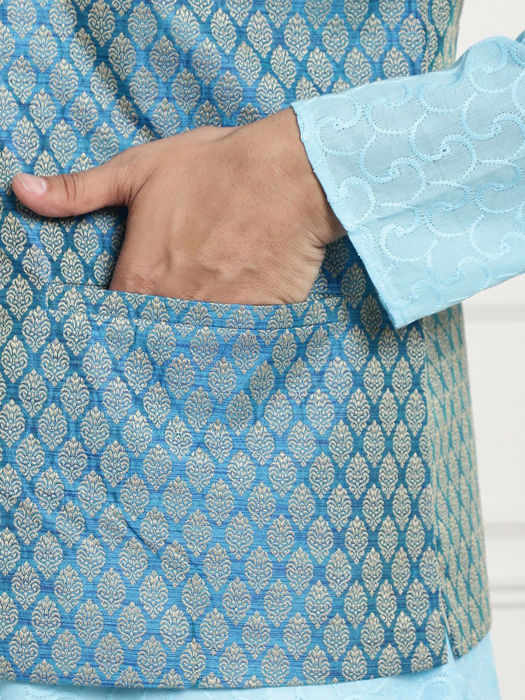 SOJANYA Men Blue Chikankari Pure Cotton Kurta with Churidar & Nehru Jacket